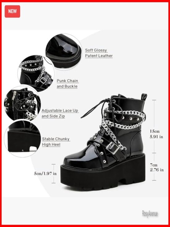 Platform Wedge Combat Boots for Women Gothic Punk Leather  Platform Combat Boots Chunky Heel Lace Up Ankle Boots Patent Leather Punk